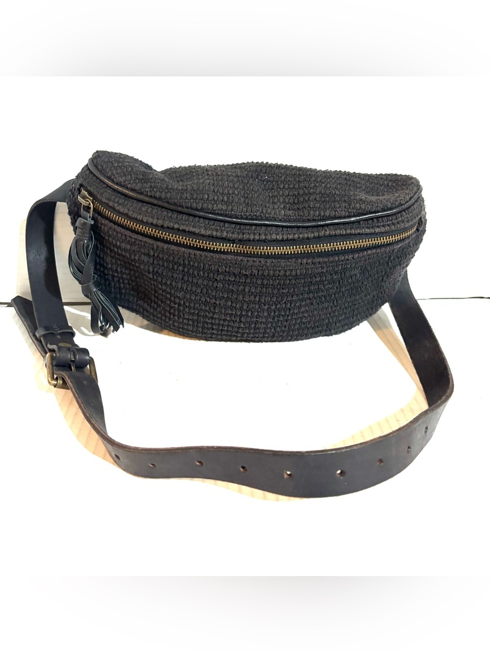 Black Woven / unisex Canvas wrist/ shoulder Bag - with leather strap & trim